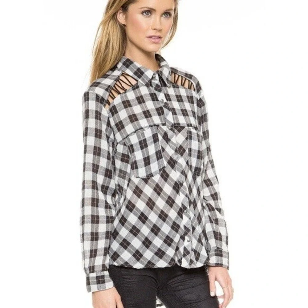 Free People Plaid Lace Up Shoulder‎ Snap Front High Low Shirt Black White Small